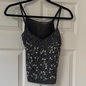 Iridescent Black Sequin Cami with Mesh Inset